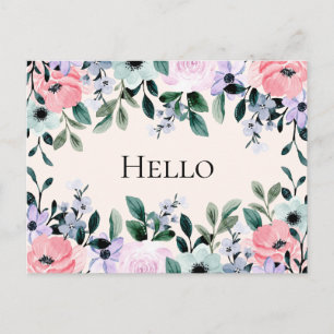 Carte Postale Aquarelle rose violet et vert Floral Bonjour