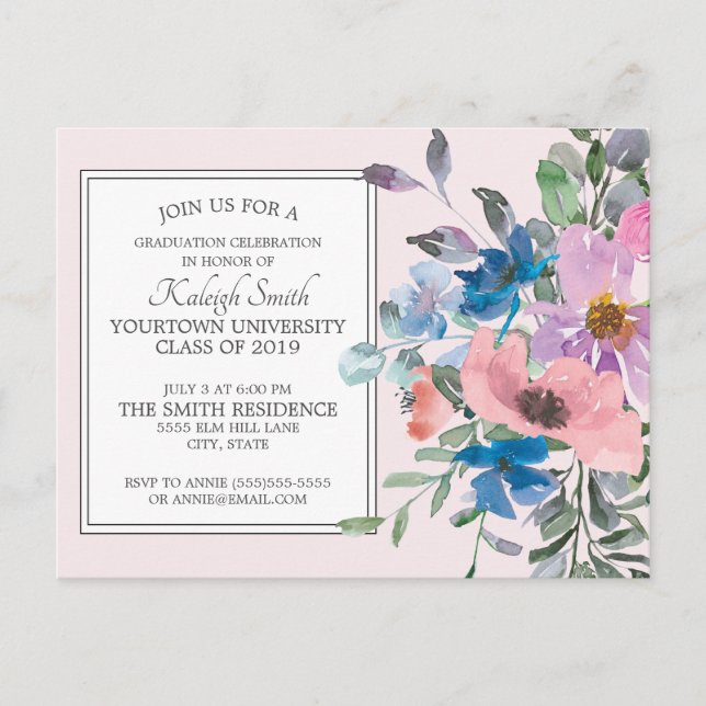 Carte Postale Aquarelle rose violet Floral Graduation Party (Devant)