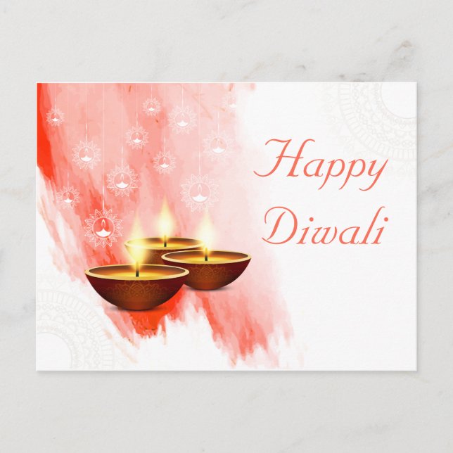 Carte Postale Aquarelle rouge Diwali avec Diyas (Devant)