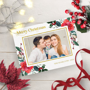 Carte Postale Aquarelle rouge Floral Joyeux Noël Photo