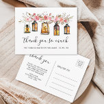 Carte Postale Aquarelle rustique Floral Lanterne Mariage Merci<br><div class="desc">Cette carte postale en Merci Mariage présente des lanternes rustiques aquarellées,  des bougies et des fleurs roses. Pour une personnalisation plus avancée de cette conception,  veuillez cliquer sur le bouton "Personnaliser". Des articles correspondants sont également disponibles.</div>