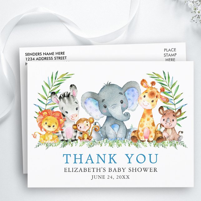Carte Postale Aquarelle Safari Animaux Baby shower Merci (Customize to change text size, color or text style.)