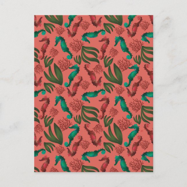 Carte Postale Aquarelle Seahorse Coral Motif nautique (Devant)