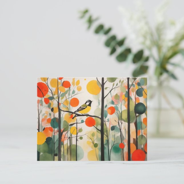 Carte Postale Aquarelle Serene Oiseau Bois Au Printemps (Debout devant)