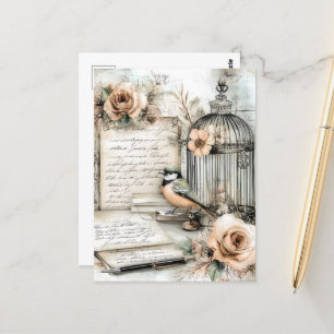 Carte Postale Aquarelle Shabby Chic Bird & Cage