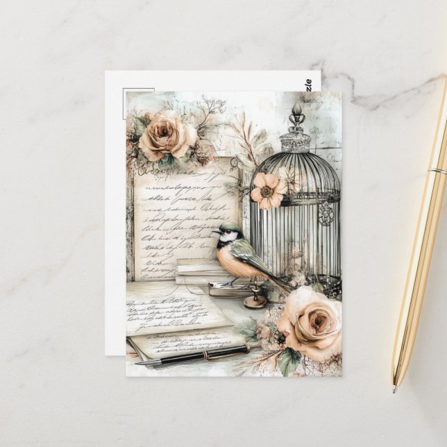 Carte Postale Aquarelle Shabby Chic Bird & Cage (Devant/Arrière en situation)