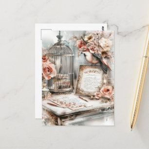 Carte Postale Aquarelle Shabby Chic Bird Cage Bird Bird & Roses