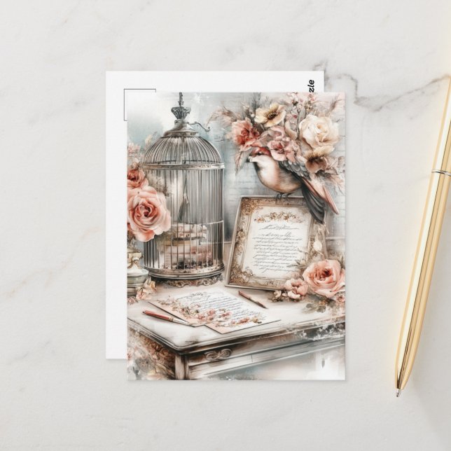 Carte Postale Aquarelle Shabby Chic Bird Cage Bird Bird & Roses (Devant/Arrière en situation)
