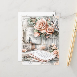 Carte Postale Aquarelle Shabby Chic Bird Cage & Roses