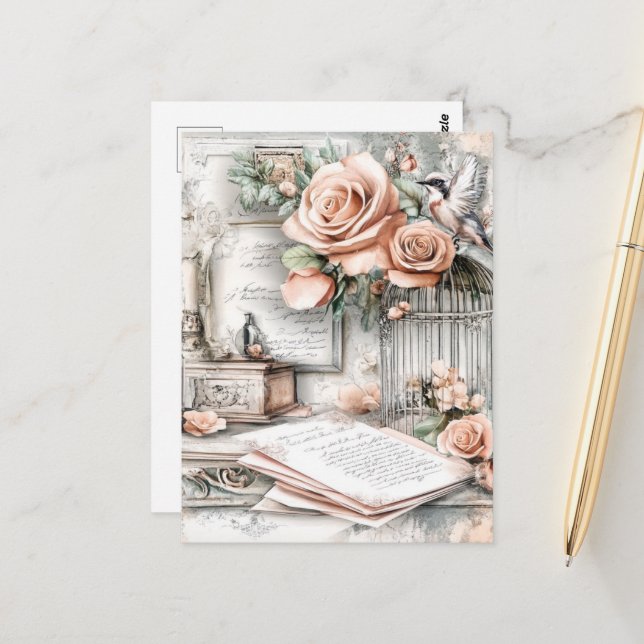 Carte Postale Aquarelle Shabby Chic Bird Cage & Roses (Devant/Arrière en situation)