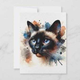 Carte Postale Aquarelle Siamese Chat Portrait coloré