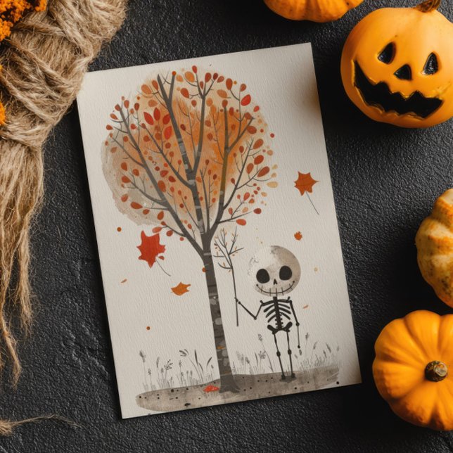 Carte Postale Aquarelle Skeleton avec Fall Tree Cute Halloween (Créateur téléchargé)
