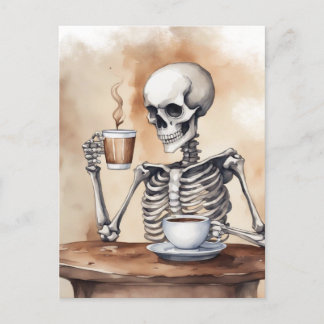 Carte Postale Aquarelle Skeleton savoure du café