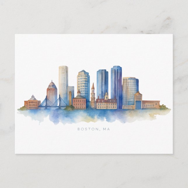 Carte Postale Aquarelle Skyline de Boston City | MA Boston moder (Devant)