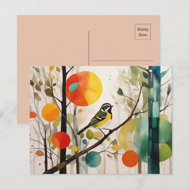 Carte Postale Aquarelle Songbird Dans La Forêt D'Automne (Devant / Derrière)