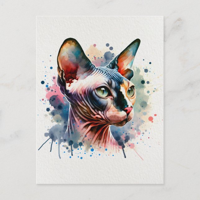 Carte Postale Aquarelle Sphynx Chat Portrait Artistique (Devant)