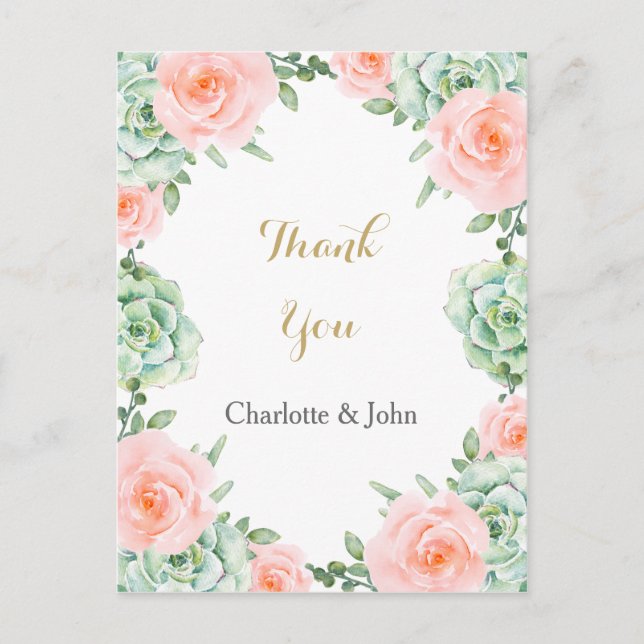Carte Postale Aquarelle Succulent Blush Floral Élégant Mariage (Devant)