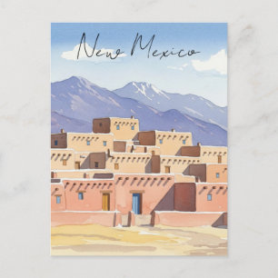 Carte Postale Aquarelle Taos Pueblo Nouveau-Mexique