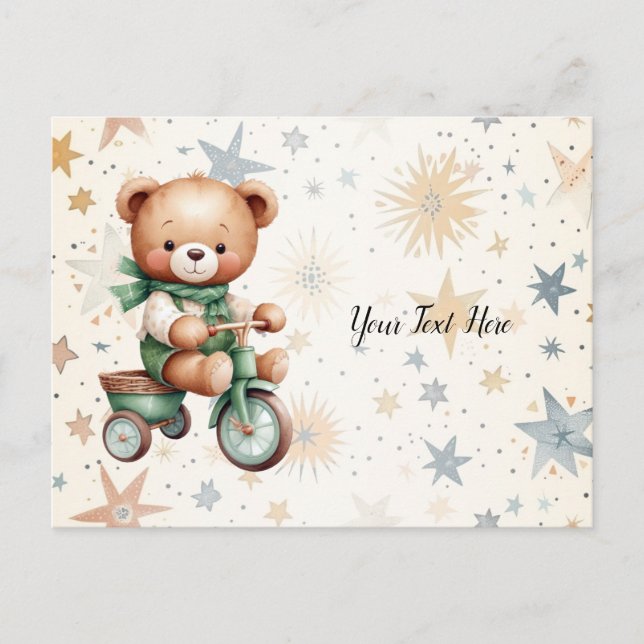 Carte Postale Aquarelle Teddy Bear Stars Vert Vélo Beau (Devant)