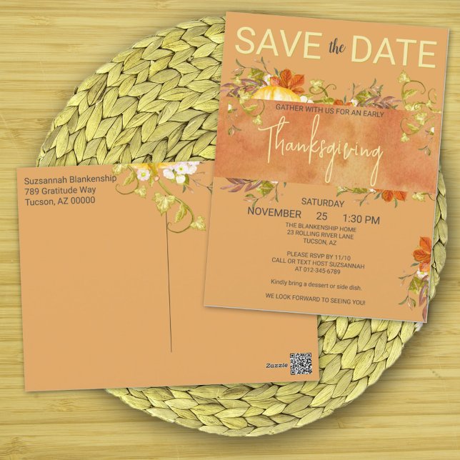 Carte Postale Aquarelle Thanksgiving Rustic Green & Feuille (Make the Thanksgiving gathering announcement & invitation on one postcard that you personalize. )