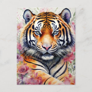 Carte Postale Aquarelle Tigre Avec Fleurs Peinture Florale