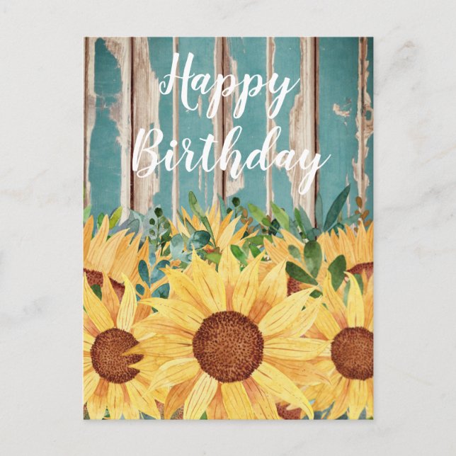 Carte Postale Aquarelle tournesol et bois rustique Anniversaire (Devant)