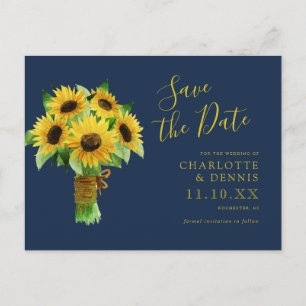 Carte Postale aquarelle tournesol sur marine enregistrer la date