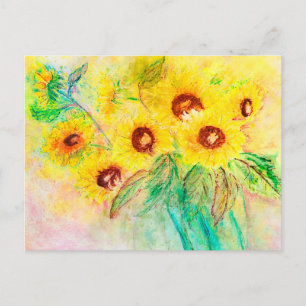 Carte Postale Aquarelle tournesols. Bouquet peint.