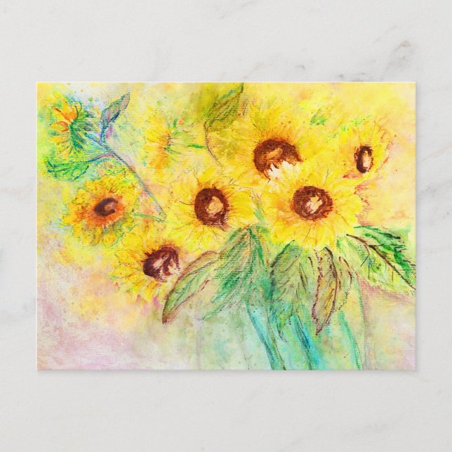 Carte Postale Aquarelle tournesols. Bouquet peint. (Devant)