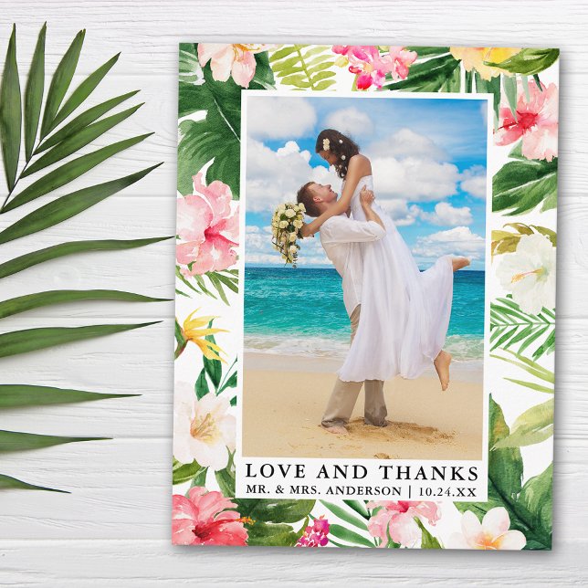 Carte Postale Aquarelle Tropical Floral Love and Thanks (Customize to change text size, color or text style.)