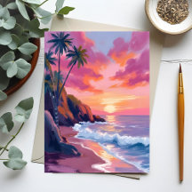 Aquarelle tropicale rose coucher de soleil