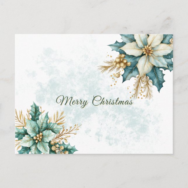 Carte Postale Aquarelle Turquoise Fête de Noël Floral (Devant)