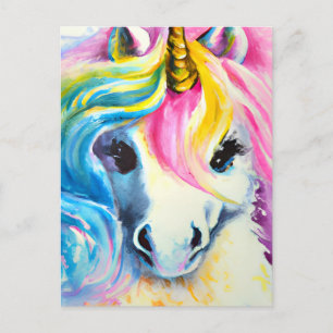 Carte Postale Aquarelle Unicorne arc-en-ciel