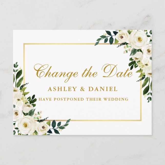 Carte Postale Aquarelle Vert Blanc Floral Changement La Date Or (Devant)