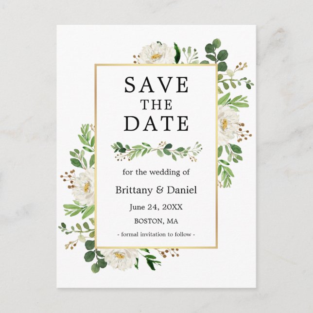 Carte Postale Aquarelle Vert Floral Blanc Enregistrer La Date (Devant)