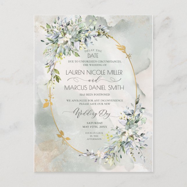 Carte Postale Aquarelle Vert Floral Or Ovale Frame Date Retard (Devant)