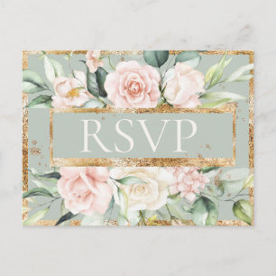 Carte Postale Aquarelle verte Florale rose Sage or RSVP
