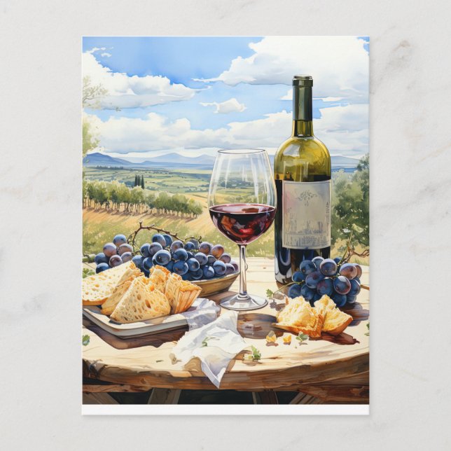 Carte Postale Aquarelle Vin et Vignoble Arrière - plan (Devant)