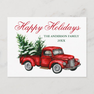 Carte Postale Aquarelle Vintage Camion Rouge Arbre Joyeuses Fête