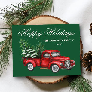 Carte Postale Aquarelle Vintage Camion Rouge Joyeux Vacances Ver