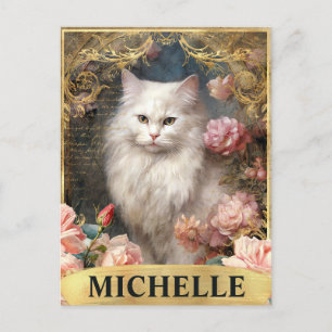 Carte Postale Aquarelle Vintage Chat blanc et Roses roses roses