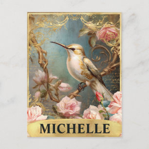 Carte Postale Aquarelle Vintage Colibri blanc & Roses roses rose