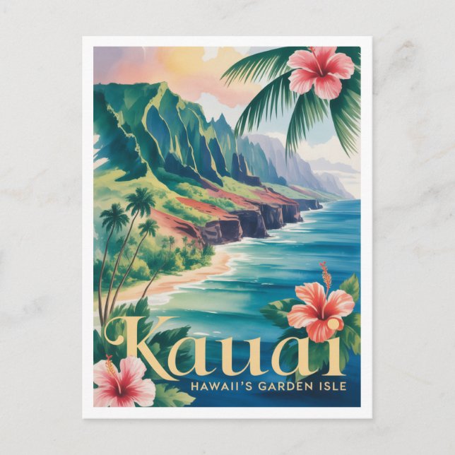 Carte Postale Aquarelle vintage de Kauai (Devant)