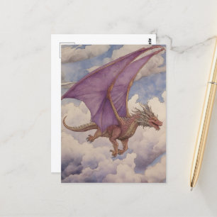 Carte Postale Aquarelle vintage Dragon Purple Wings dans les nua