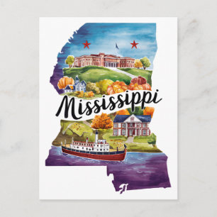 Carte Postale Aquarelle Vintage en forme d'État du Mississippi U