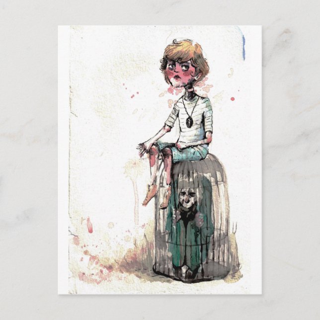 Carte Postale Aquarelle vintage Garçon et cage (Devant)