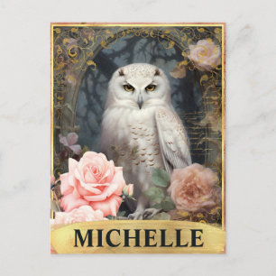 Carte Postale Aquarelle Vintage Hibou Blanc et Roses Roses