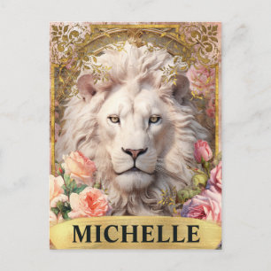 Carte Postale Aquarelle Vintage Lion Blanc et Roses Roses