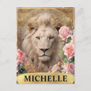 Carte Postale Aquarelle Vintage Lion Blanc et Roses Roses