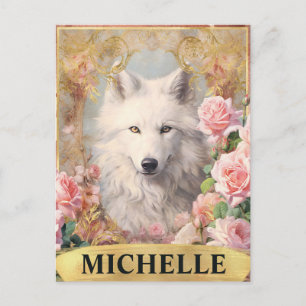 Carte Postale Aquarelle Vintage Loup Blanc et Roses Roses